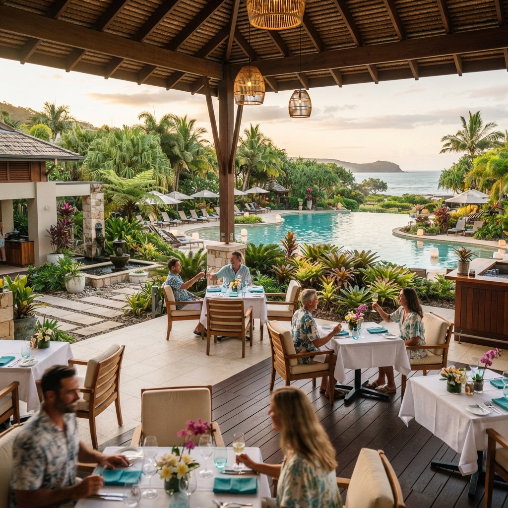 Tropical terrace dining beside gardens
