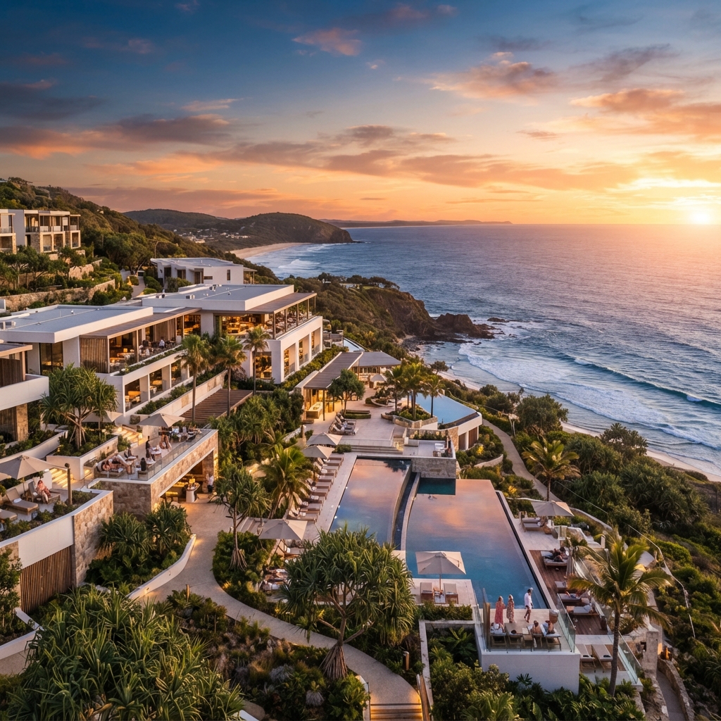 Australian coastal resort beside a cobalt ocean