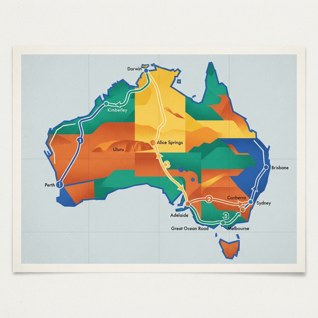 Stylised editorial map of Australian hotel routes