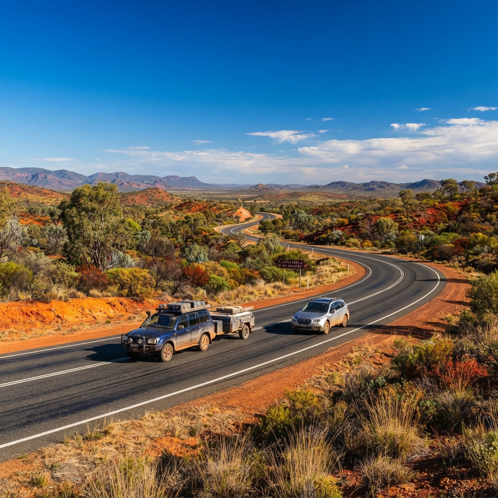 Sunlit Australian road leading toward a resort destination
